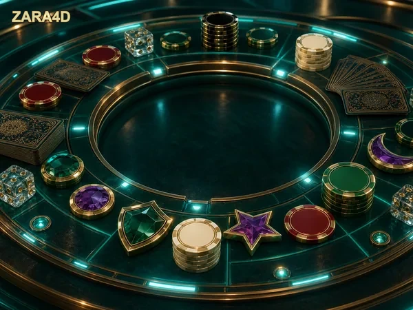 Ilustrasi meja European Roulette dengan roda dan area taruhan